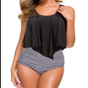 2CRAZY Women High Waisted Swimsuit Ruffled Flounce Top with Ruched Bottom SM